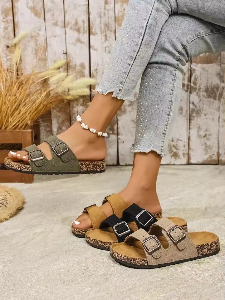 Women's Teen Mules New Spring and Summer Vintage Casual Slip-On Shoes Pu Upper Double Strap Half Slippers with Adjustable Buckle
