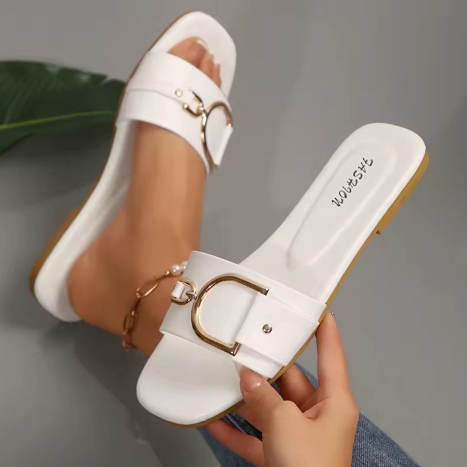Spring Summer Fashion Ladies Open-Toe Flat Head Black/White Sandals Metal Decoration Square Toe Women's Slippers