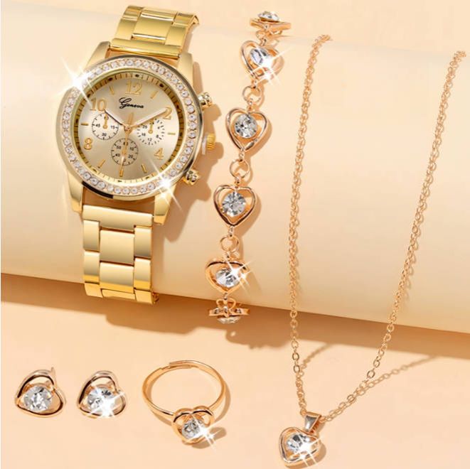 5pc Women Quartz Watch set  Business  Casual Round Rhinestone Rhinestone gold  Gir Watch Bracelet  Necklace  Ring  Earrings Local fast delivery