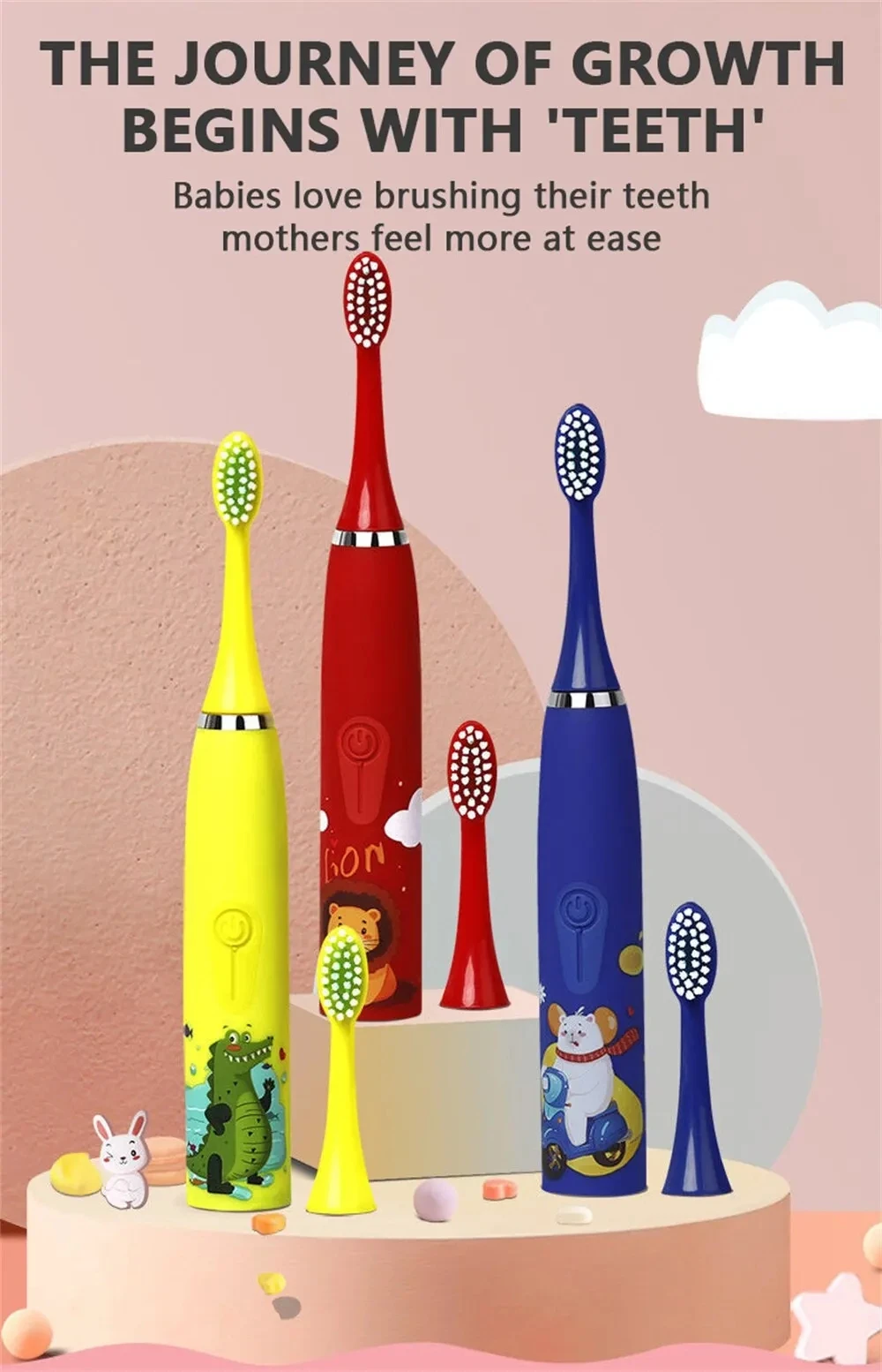 Colorful Cute Cartoon Design Ultrasonic Electric Toothbrush Slim Smart Kids Electric Toothbrush With Replacement Heads