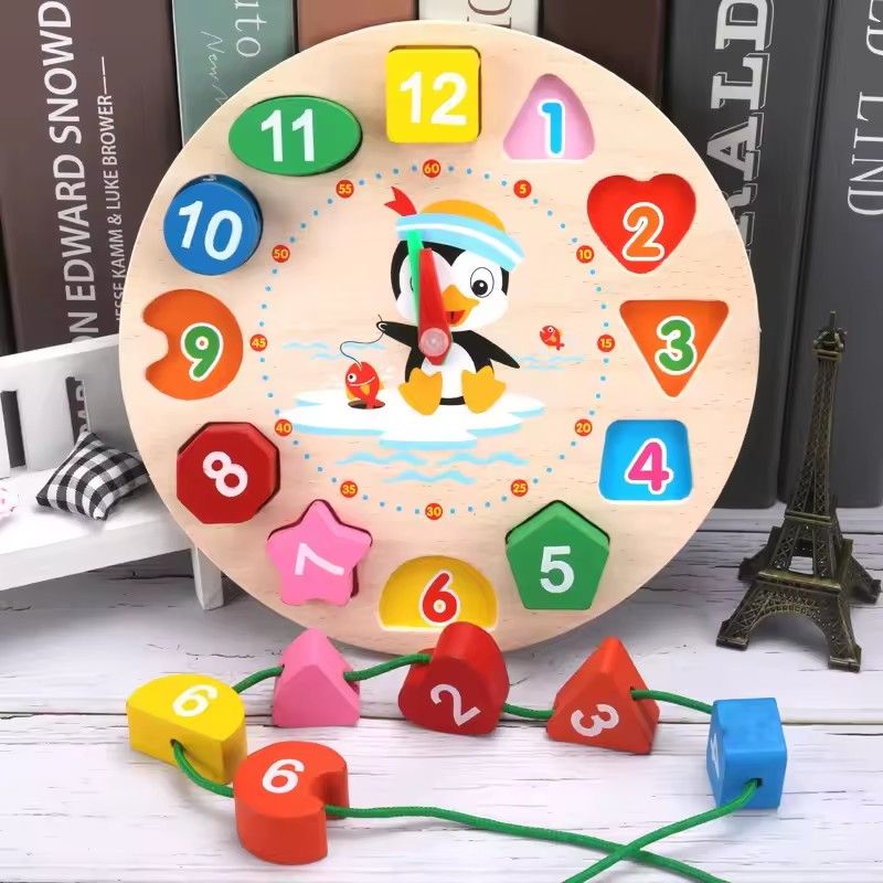 Montessori Children Clock Puzzle Cartoon Animals Tangram Cognitive Numbers Clock Early Learning Threading Assembly Toys