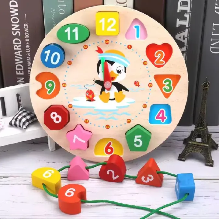 Montessori Children Clock Puzzle Cartoon Animals Tangram Cognitive Numbers Clock Early Learning Threading Assembly Toys