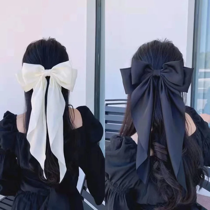 Elegant Large Bow Ribbon Hair Clip For Women Girl Sweet Headbands Soft Satin Hairpin Hairgrip Fashion Hair Accessories Solid Color Ponytail Clip