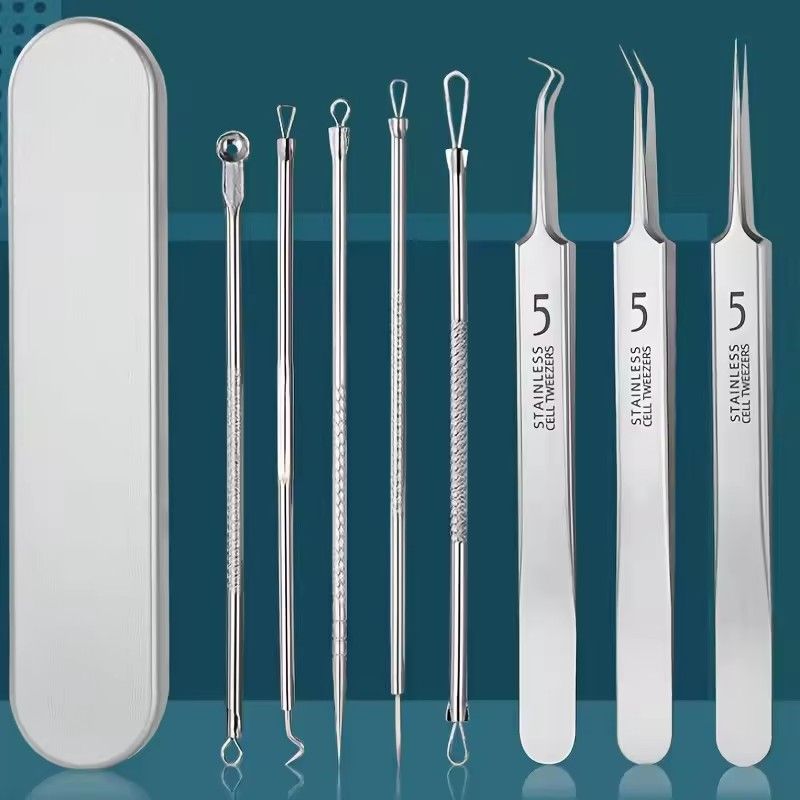 8Pcs Stainless Steel Blackhead Removal Tool Set, Blackhead Clip, Tweezers, Acne Needle Blackhead Clip Remover Extraction Pore Black Head Clean Face Skin Care Cleansing Needle Blemish Removal Tool