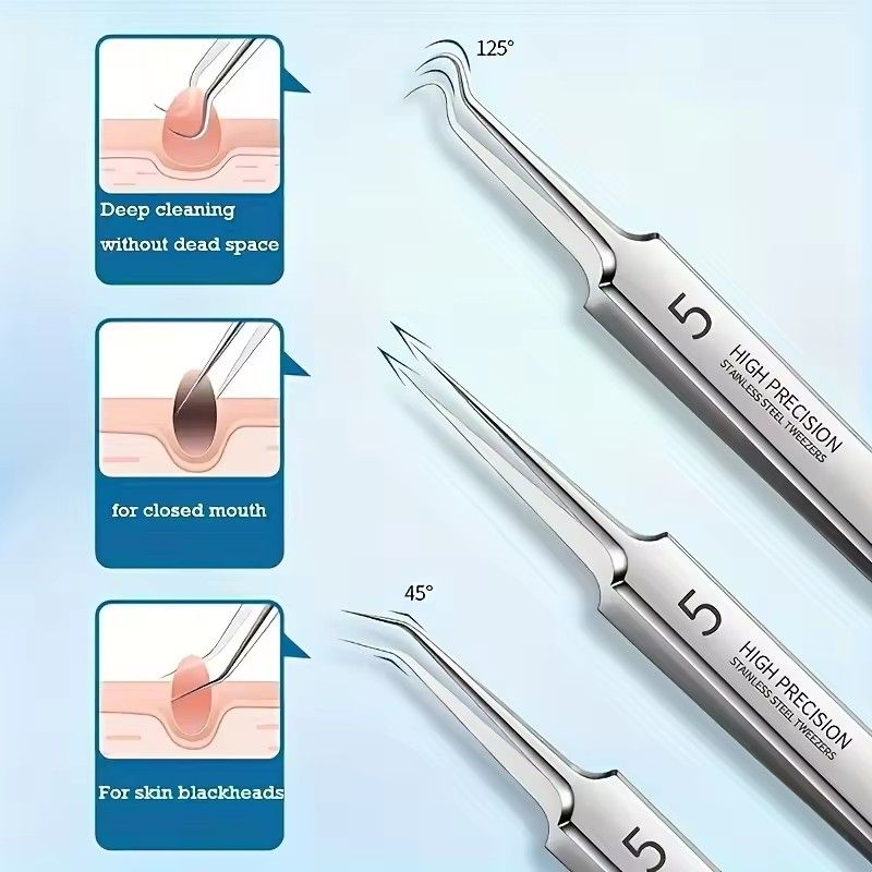 8Pcs Stainless Steel Blackhead Removal Tool Set, Blackhead Clip, Tweezers, Acne Needle Blackhead Clip Remover Extraction Pore Black Head Clean Face Skin Care Cleansing Needle Blemish Removal Tool