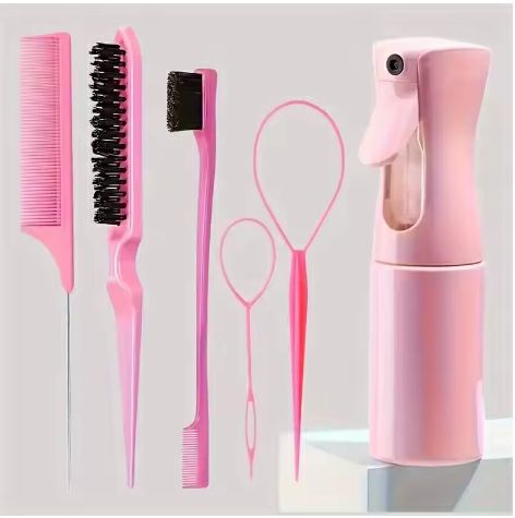 6pcs/Set Portable Spray Refillable Bottles Kit Hair Styling Set Spray Bottle Brush Comb Braiding Tool Rat Tail Comb Edge Control Brush Mist Sprayer For Hair Styling Cleaning