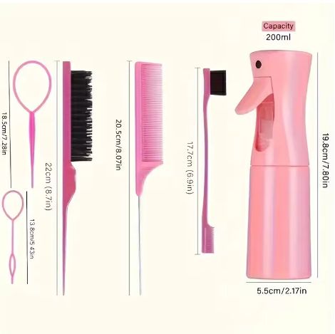 6pcs/Set Portable Spray Refillable Bottles Kit Hair Styling Set Spray Bottle Brush Comb Braiding Tool Rat Tail Comb Edge Control Brush Mist Sprayer For Hair Styling Cleaning