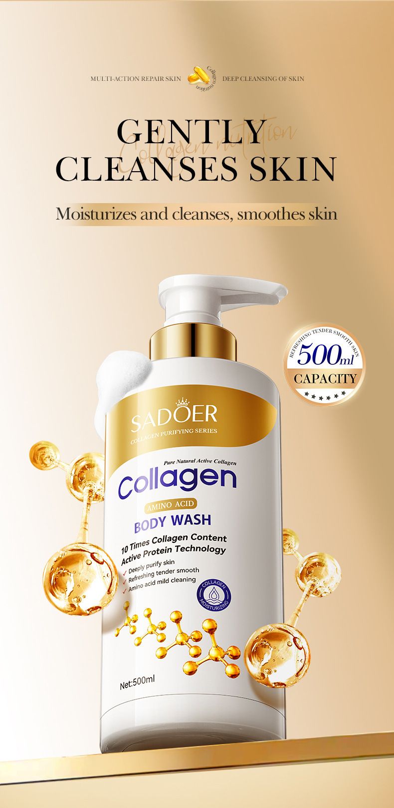SADOER 500ml Bone Collagen Amino Acid Cleansing Shower Gel Body Wash Nourishing Moisturizing Fragrance Shower Gel Dirt Remove Mites Moisturize  grease control