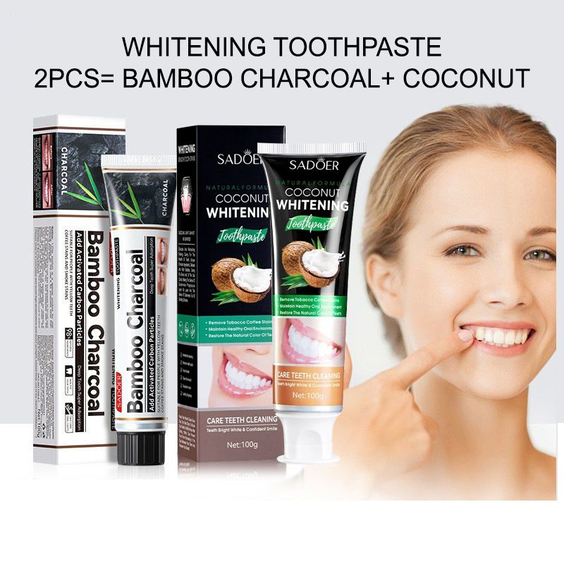 2Pcs Whitening Toothpastes 200g to Remove Tooth Stains, Smoke Stains, Coffee stains, Clean mouth, Keep Fresh Breath, 2PCS= BAMBOO CHARCOAL+ COCONUT