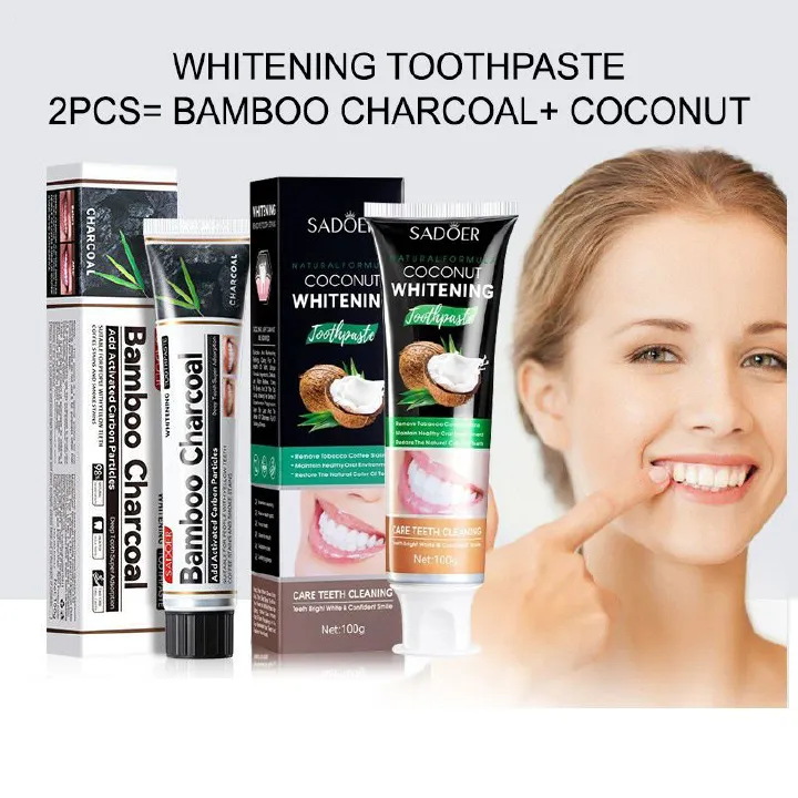 2Pcs Whitening Toothpastes 200g to Remove Tooth Stains, Smoke Stains, Coffee stains, Clean mouth, Keep Fresh Breath, 2PCS= BAMBOO CHARCOAL+ COCONUT