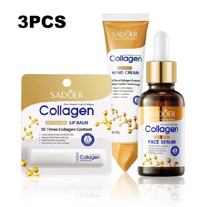 3 Pieces, Collagen Face Serum +  Hand Cream+ Lip Balm for Face Brightening, Anti Wrinkles, Anti Aging, Moisturizing, Fade Dark Marks and Collagen Replenish