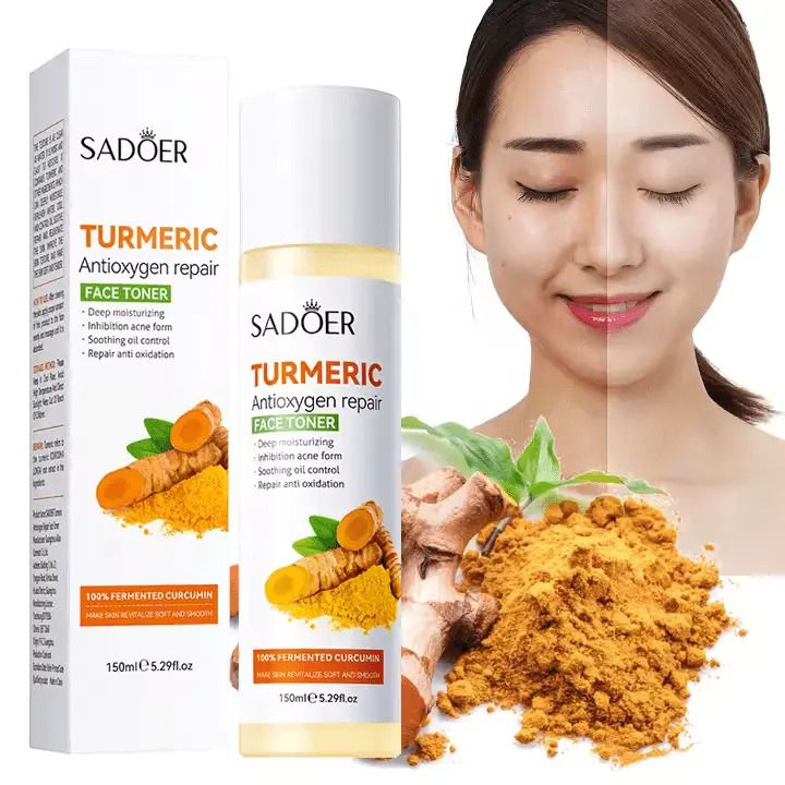 SADOER 4PCS Turmeric Set:Tumeric Cleanser + Face Toner +Face Serum + Face Cream , with unparelled Vitamin C capabilities, Helps in Preven Acne, Sooth, Hydrate, Lighten Acne Marks