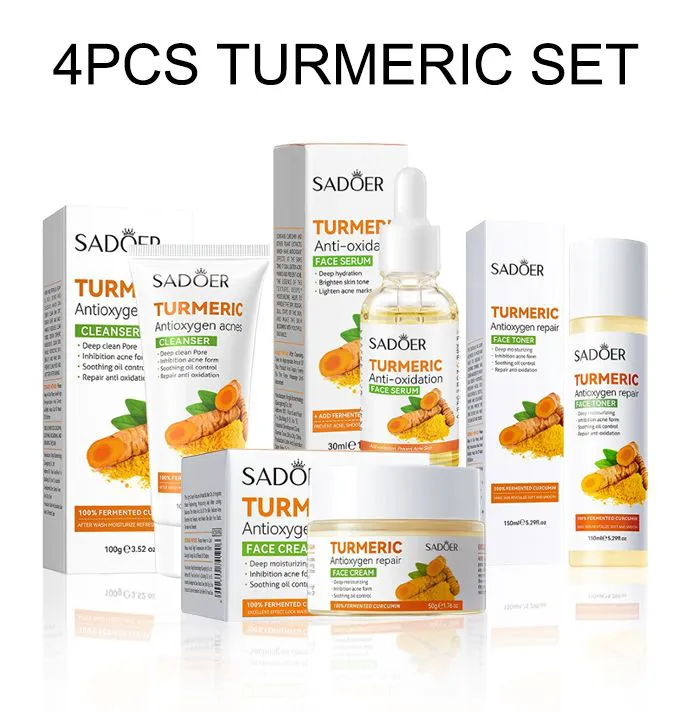SADOER 4PCS Turmeric Set:Tumeric Cleanser + Face Toner +Face Serum + Face Cream , with unparelled Vitamin C capabilities, Helps in Preven Acne, Sooth, Hydrate, Lighten Acne Marks