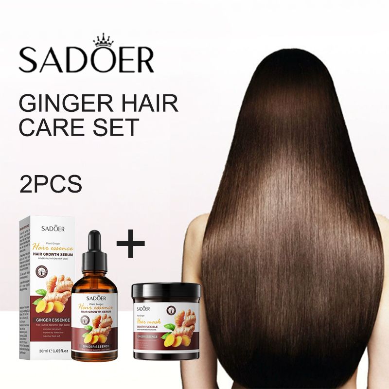 2PCS SADOER Ginger Hair Care Set: Hair Mask + Treatment Liquid - Reduces Dryness, Bifurcation & Coarseness, Leaving Hair Elastic & Shiny