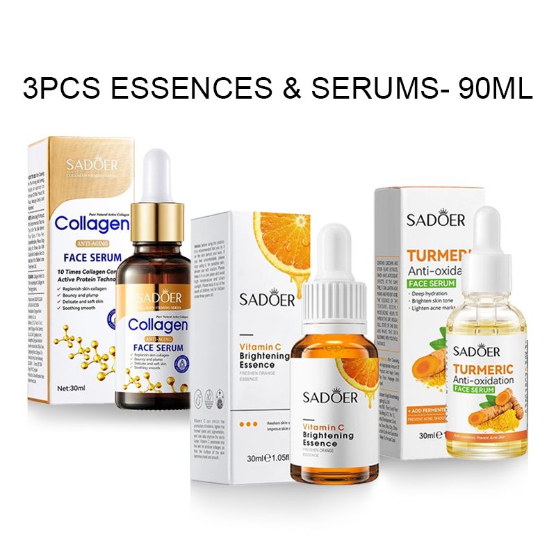 SADOER 3Pcs Essence & Serums ：Vitamin C Essence +Turmeric Serum + Collagen Face Serum ，for Skin Care Moisturizing Anti -Wrinkle Anti- Aging Skin Care Deep Hydration Fade Acne Mark