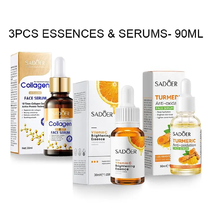 SADOER 3Pcs Essence & Serums ：Vitamin C Essence +Turmeric Serum + Collagen Face Serum ，for Skin Care Moisturizing Anti -Wrinkle Anti- Aging Skin Care Deep Hydration Fade Acne Mark
