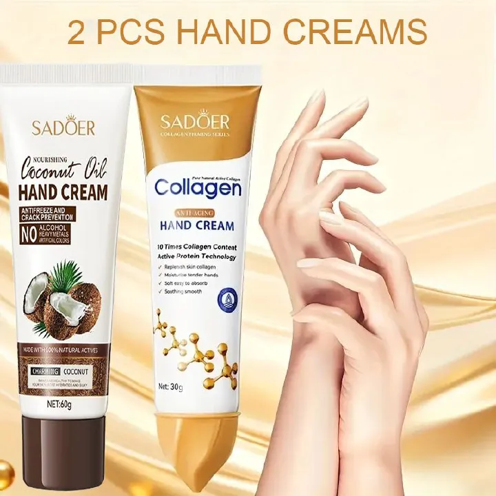 2Pcs Hand Creams Set: Coconut+ Collagen for Moisturizing Anti-wrinkle Nourishing Anti-drying Whitening Skin Care Cracked Repairing Products Hand Creams