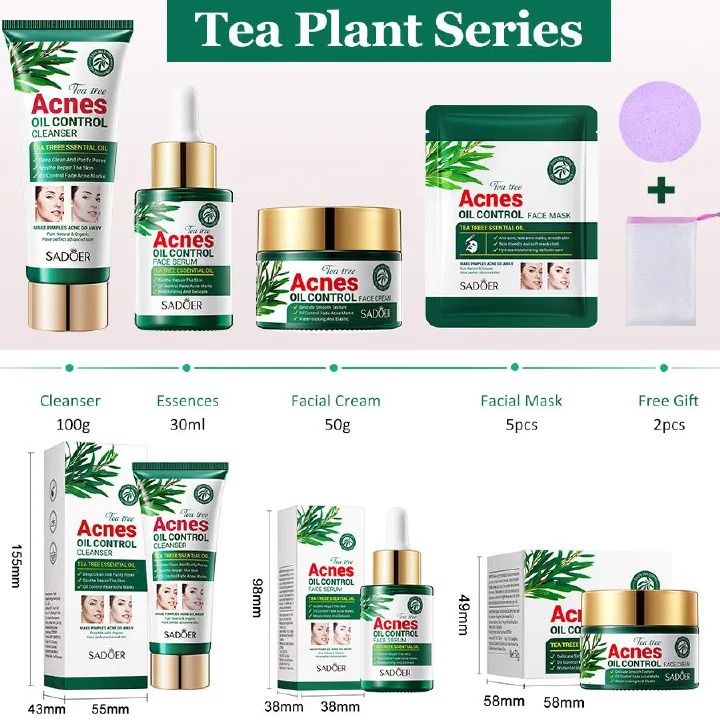 SADOER 8Pcs Tea Tree Oil Control Set: Cleanser + Gel+ Face Serum +Face Cream + 4 Masks .for Heals Acne, Fades Acne Marks, Soothes, Repairs, Moisturizes, Makes skin elastic