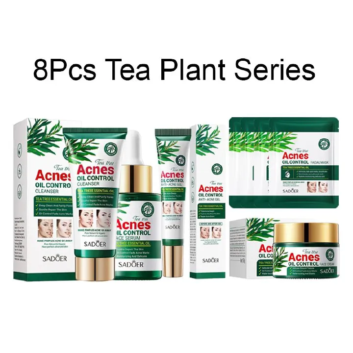 SADOER 8Pcs Tea Tree Oil Control Set: Cleanser + Gel+ Face Serum +Face Cream + 4 Masks .for Heals Acne, Fades Acne Marks, Soothes, Repairs, Moisturizes, Makes skin elastic