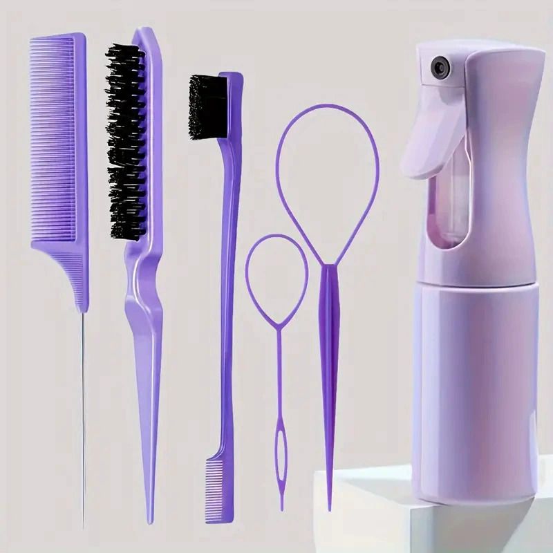 6pcs/Set Portable Spray Refillable Bottles Kit Hair Styling Set Spray Bottle Brush Comb Braiding Tool Rat Tail Comb Edge Control Brush Mist Sprayer For Hair Styling Cleaning