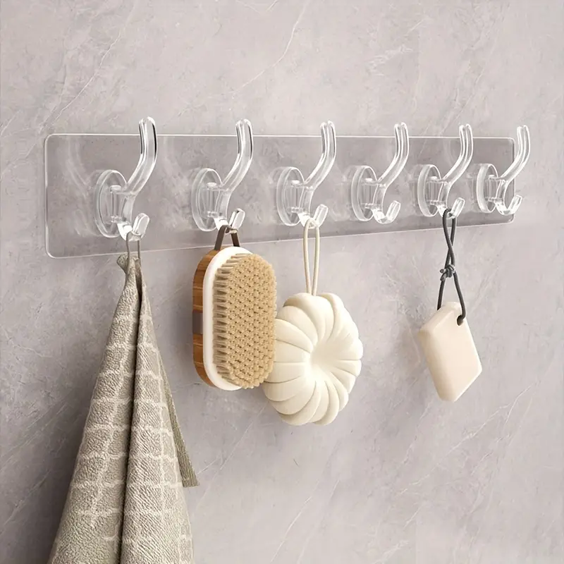 1pc Fashion Acrylic Transparent Wall-Mounted Coat Hooks Plastic Self-Adhesive 6-Hook Rack for Easy Install Perfect for Hanging Clothes Towels Keys in Kitchen  Bedroom  Bathroom  Living Room