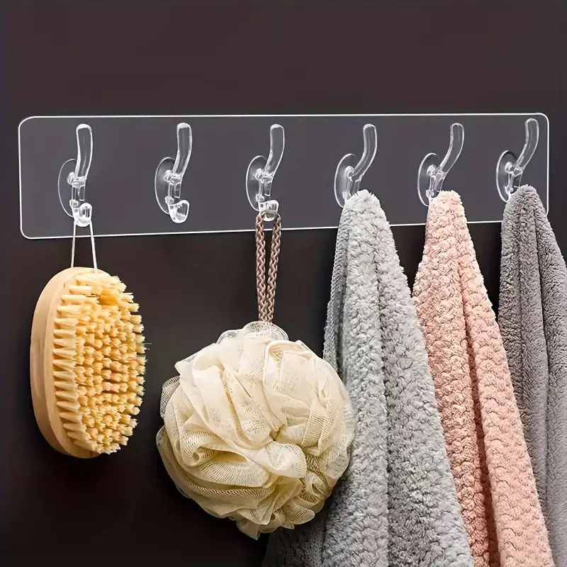 1pc Fashion Acrylic Transparent Wall-Mounted Coat Hooks Plastic Self-Adhesive 6-Hook Rack for Easy Install Perfect for Hanging Clothes Towels Keys in Kitchen  Bedroom  Bathroom  Living Room