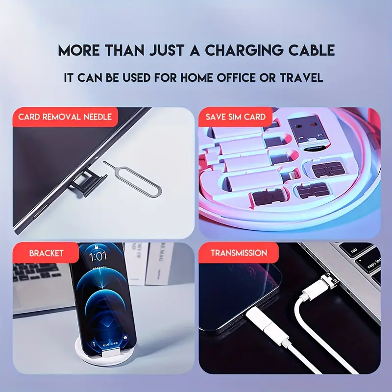 Newly Arrived Mirror Style Universal Fast Charging Android iPhone USB All-in-One Data Cable Portable Multifunctional Data Cable Card Pin Storage Box