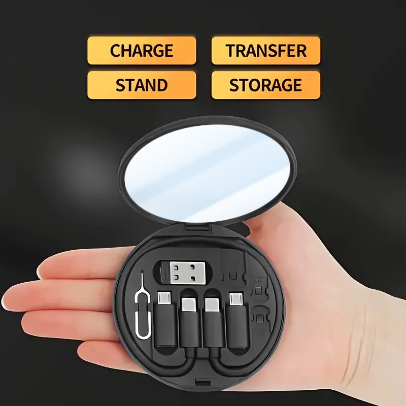 Newly Arrived Mirror Style Universal Fast Charging Android iPhone USB All-in-One Data Cable Portable Multifunctional Data Cable Card Pin Storage Box