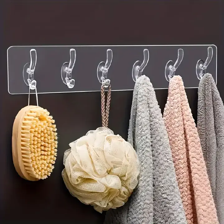 1pc Fashion Acrylic Transparent Wall-Mounted Coat Hooks Plastic Self-Adhesive 6-Hook Rack for Easy Install Perfect for Hanging Clothes Towels Keys in Kitchen Bedroom Bathroom Living Room