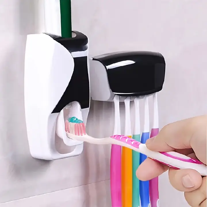 Automatic Wall Mount Toothpaste Dispenser with 5 Slots Convenient and Hygienic Bathroom Organizer ABS PS Silicone No Electricity Required