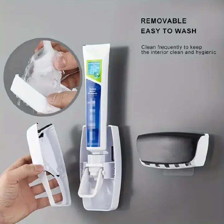Automatic Wall Mount Toothpaste Dispenser with 5 Slots Convenient and Hygienic Bathroom Organizer ABS PS Silicone No Electricity Required
