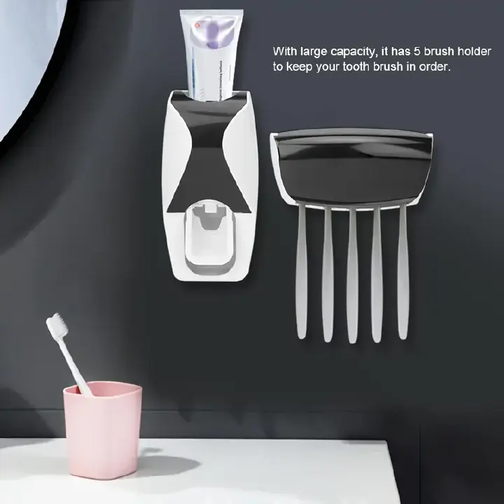 Automatic Wall Mount Toothpaste Dispenser with 5 Slots Convenient and Hygienic Bathroom Organizer ABS PS Silicone No Electricity Required
