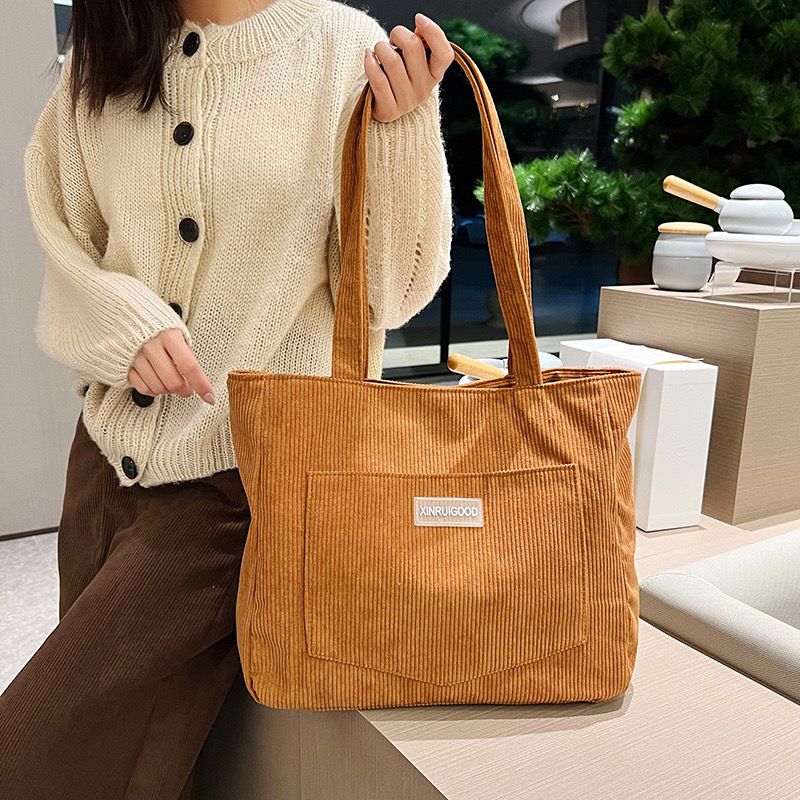 Women Tote Bag Corduroy Material Magnetic Buckle Open And Close Shopping Daily Travel Shoulder Bag