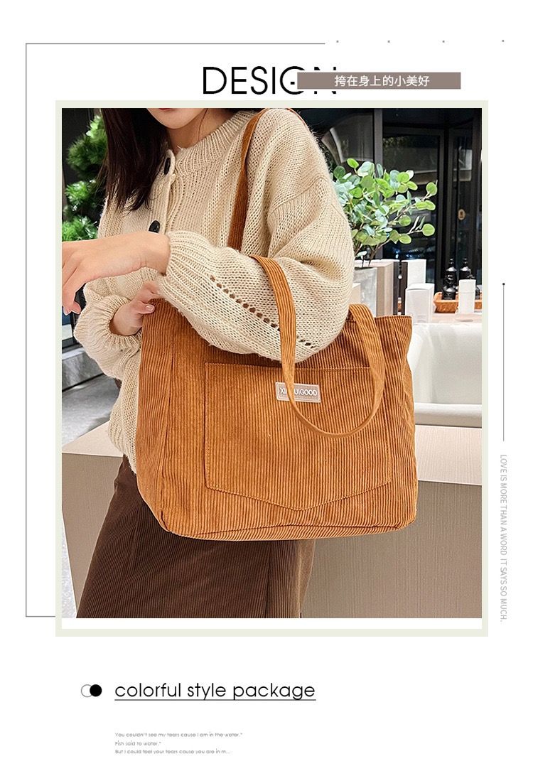 Women Tote Bag Corduroy Material Magnetic Buckle Open And Close Shopping Daily Travel Shoulder Bag