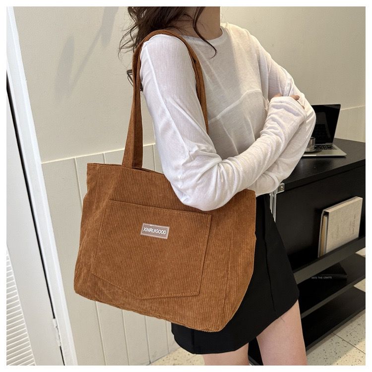 Women Tote Bag Corduroy Material Magnetic Buckle Open And Close Shopping Daily Travel Shoulder Bag