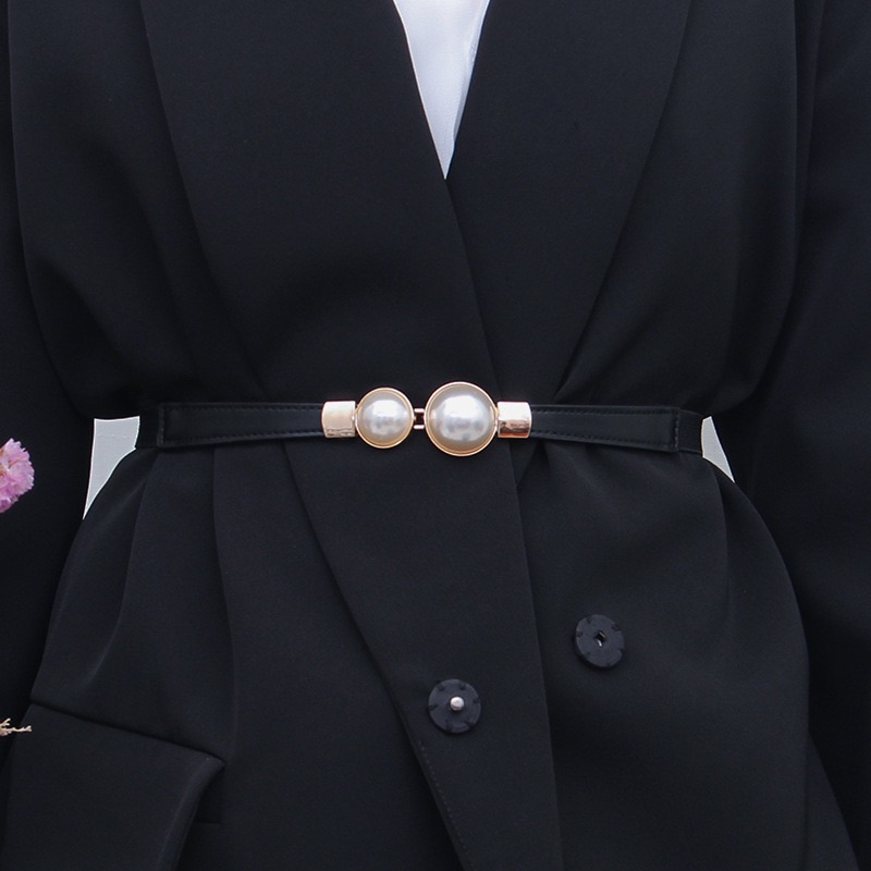 Creative Pearl Buckle Belt PU Leather Dress Skirt Waist Elastic Thin Women Belts Ladies Waistband