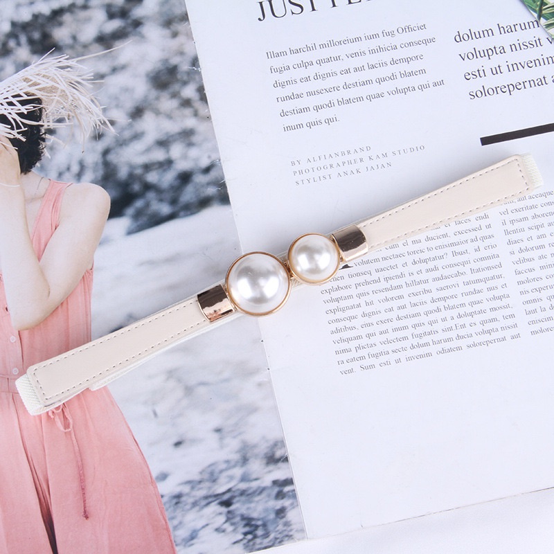 Creative Pearl Buckle Belt PU Leather Dress Skirt Waist Elastic Thin Women Belts Ladies Waistband