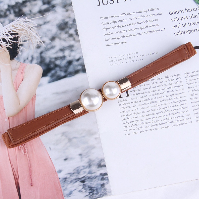 Creative Pearl Buckle Belt PU Leather Dress Skirt Waist Elastic Thin Women Belts Ladies Waistband