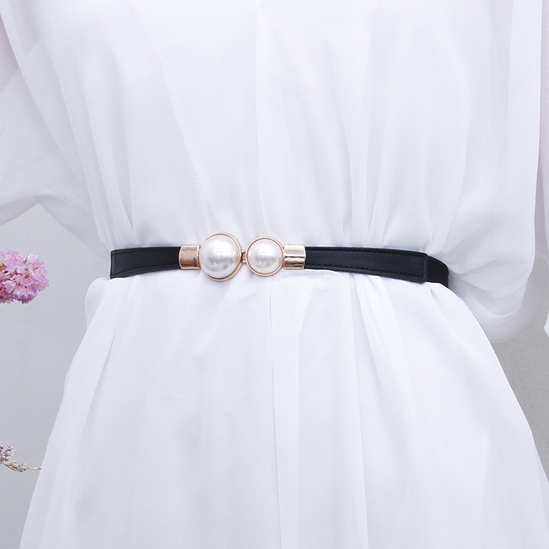 Creative Pearl Buckle Belt PU Leather Dress Skirt Waist Elastic Thin Women Belts Ladies Waistband