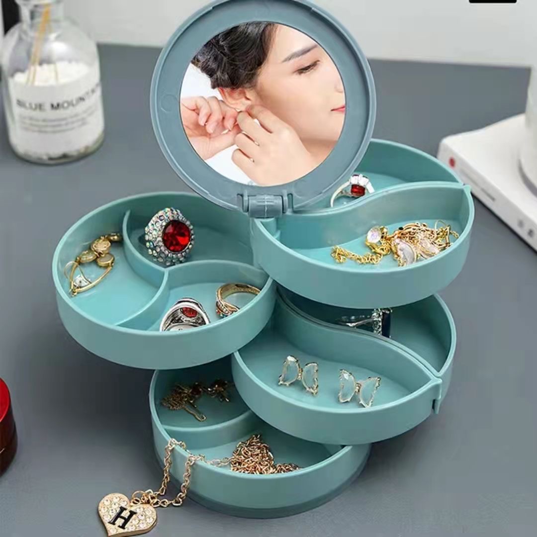 Multi-layer Rotary Jewelry Box Cosmetic Mirror for Ring Necklace Earrings Jewelry Organizer Large-capacity Dustproof Storage Box
