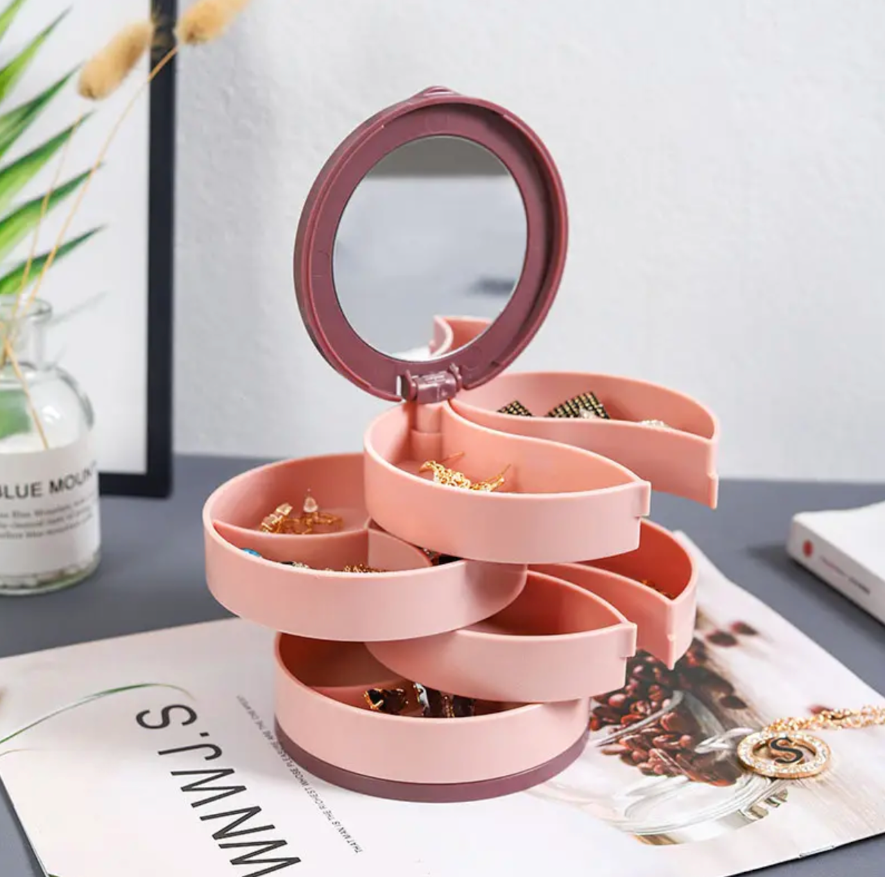 Multi-layer Rotary Jewelry Box Cosmetic Mirror for Ring Necklace Earrings Jewelry Organizer Large-capacity Dustproof Storage Box