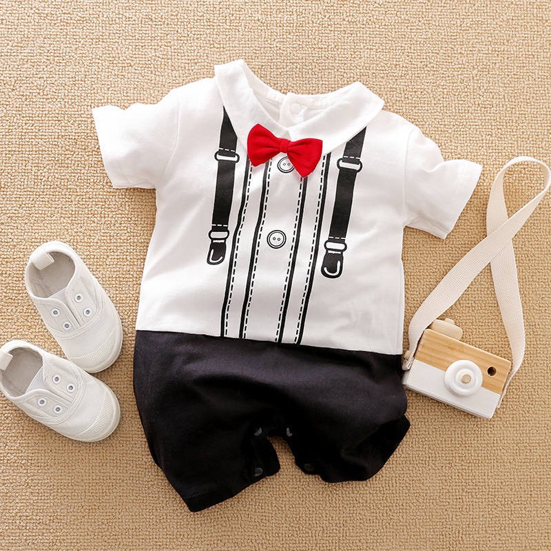 Gentleman Summer Onesie Newborn Toddler 0-18 months Tie Outfit Baby Boys Short Sleeve Suits Cotton Handsome Jumpsuit Outdoor New