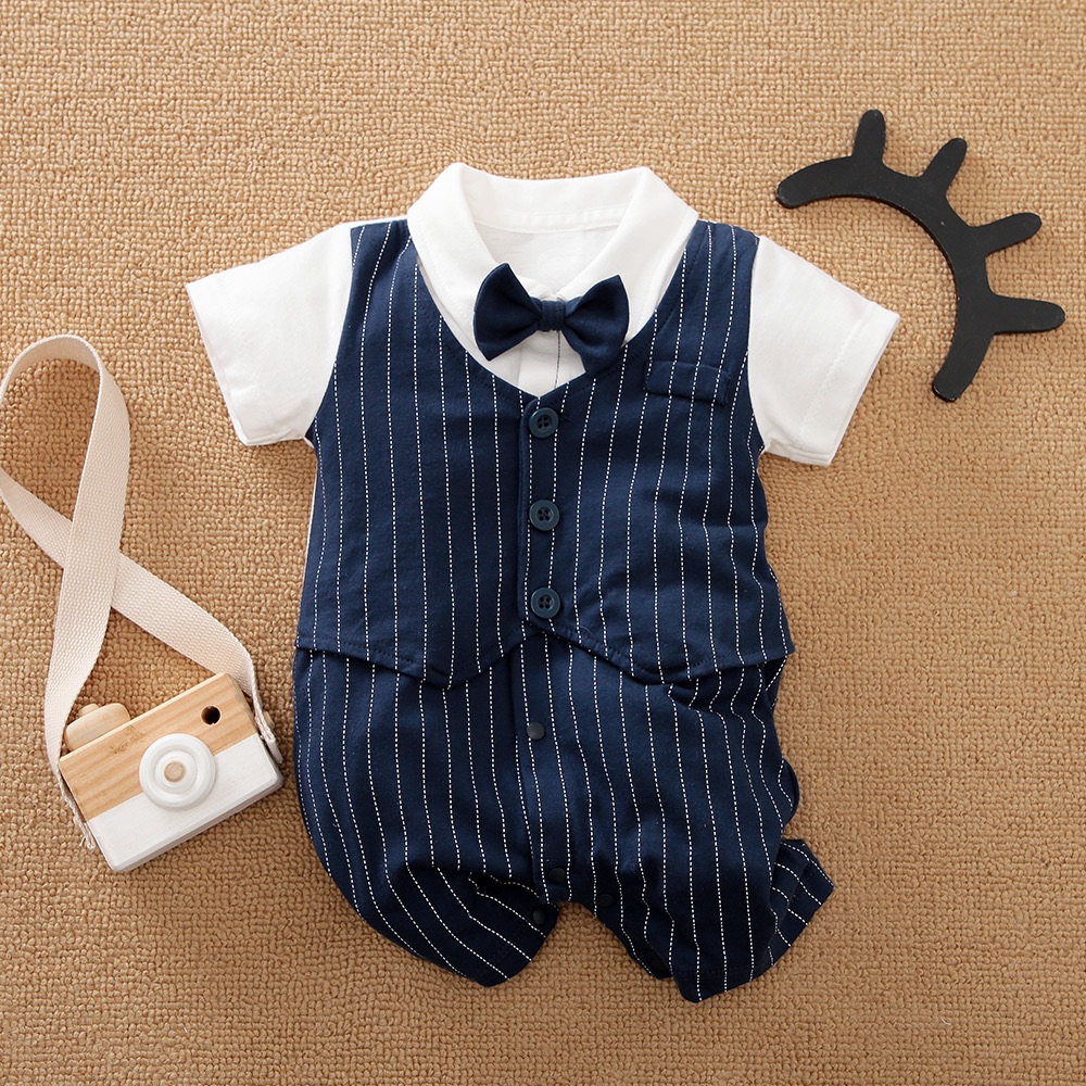 Gentleman Summer Onesie Newborn Toddler 0-18 months Tie Outfit Baby Boys Short Sleeve Suits Cotton Handsome Jumpsuit Outdoor New