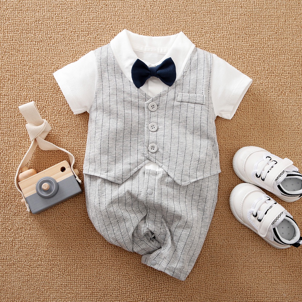 Gentleman Summer Onesie Newborn Toddler 0-18 months Tie Outfit Baby Boys Short Sleeve Suits Cotton Handsome Jumpsuit Outdoor New