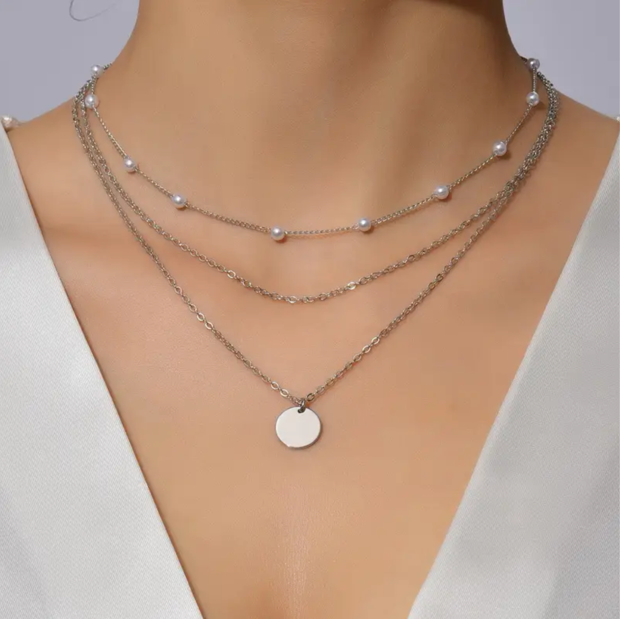 925 Sterling Silver Three-Layer Round Necklace Simple Snake Chain Charm Ball Chain Party Wedding Gift Women's Exquisite Jewelry