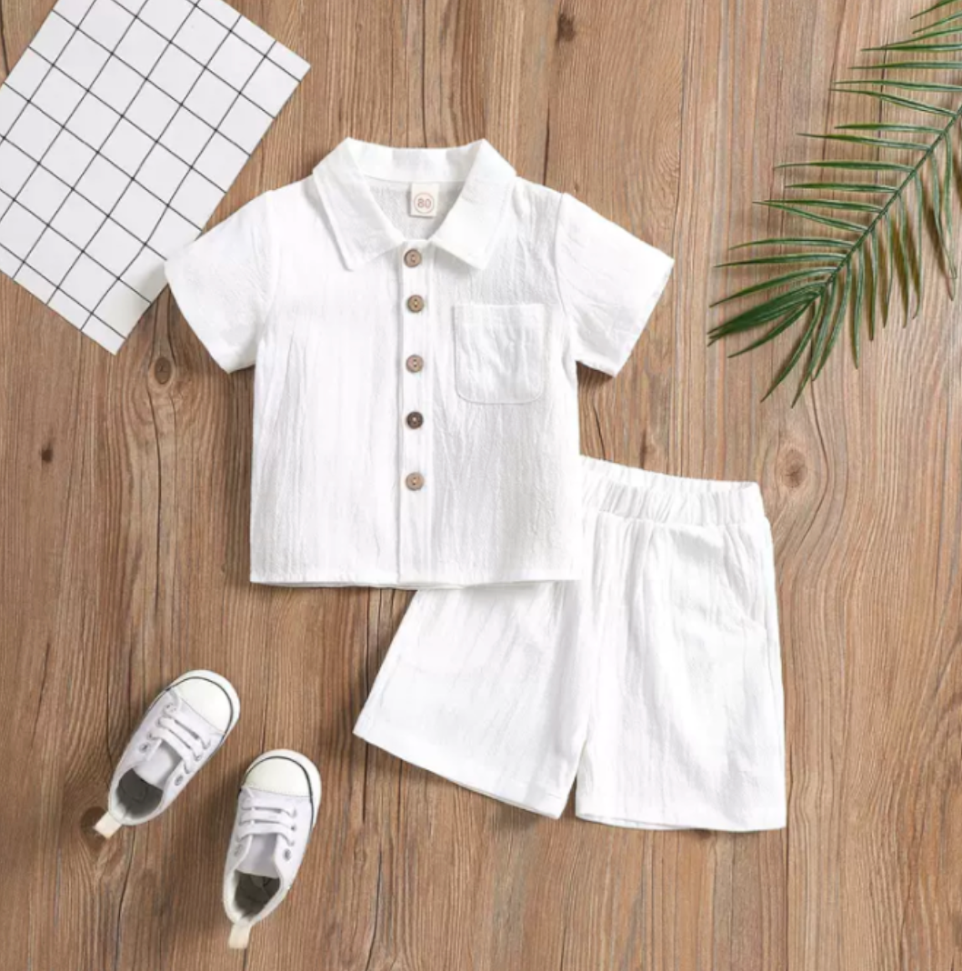 2Pcs Little Boys Outfit, Toddlers Summer Solid Color Lapel Short Sleeve Single-breasted Shirt Tops +Elastic Waist Shorts