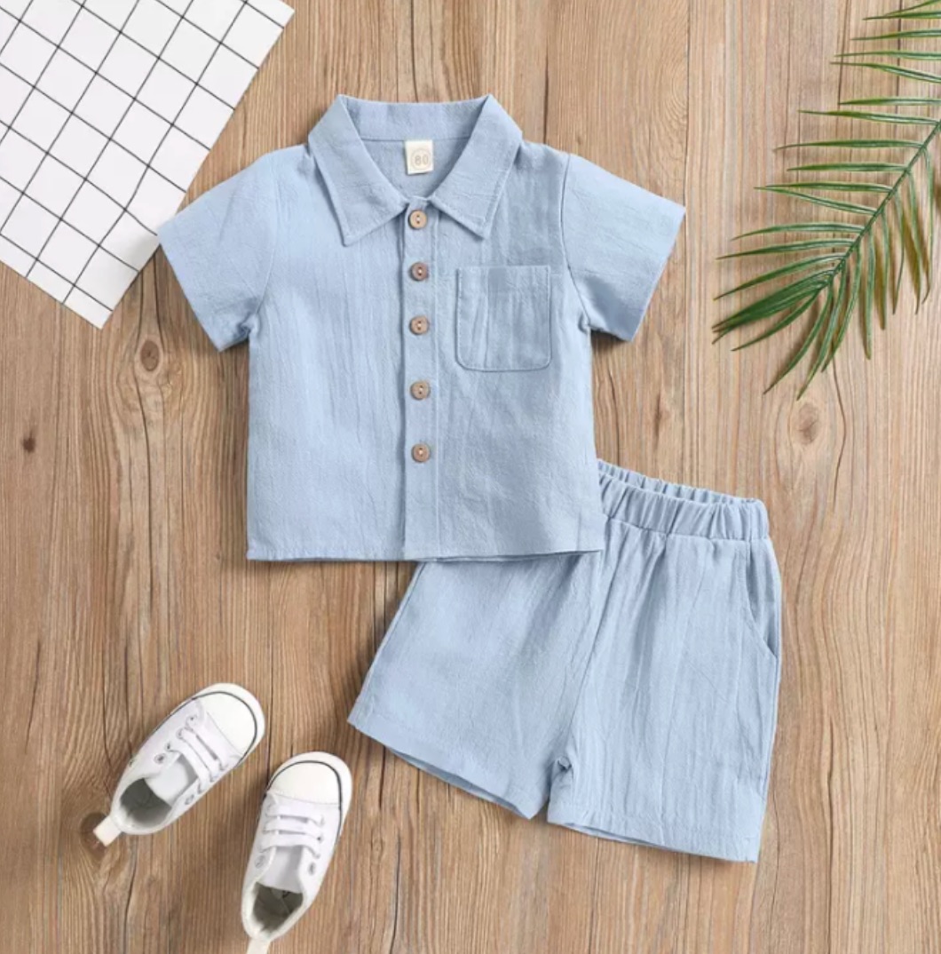 2Pcs Little Boys Outfit, Toddlers Summer Solid Color Lapel Short Sleeve Single-breasted Shirt Tops +Elastic Waist Shorts