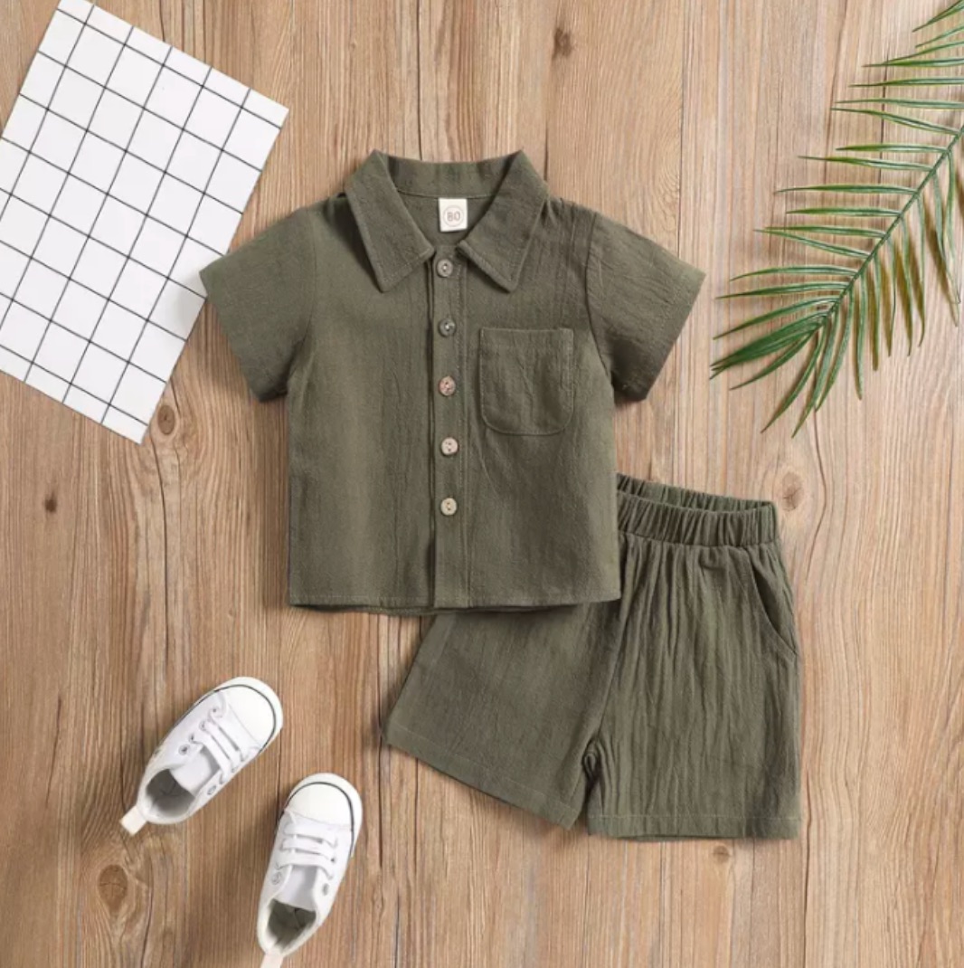 2Pcs Little Boys Outfit, Toddlers Summer Solid Color Lapel Short Sleeve Single-breasted Shirt Tops +Elastic Waist Shorts