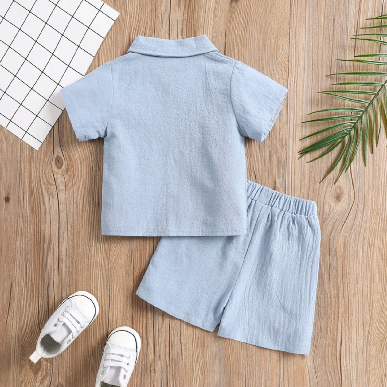 2Pcs Little Boys Outfit, Toddlers Summer Solid Color Lapel Short Sleeve Single-breasted Shirt Tops +Elastic Waist Shorts
