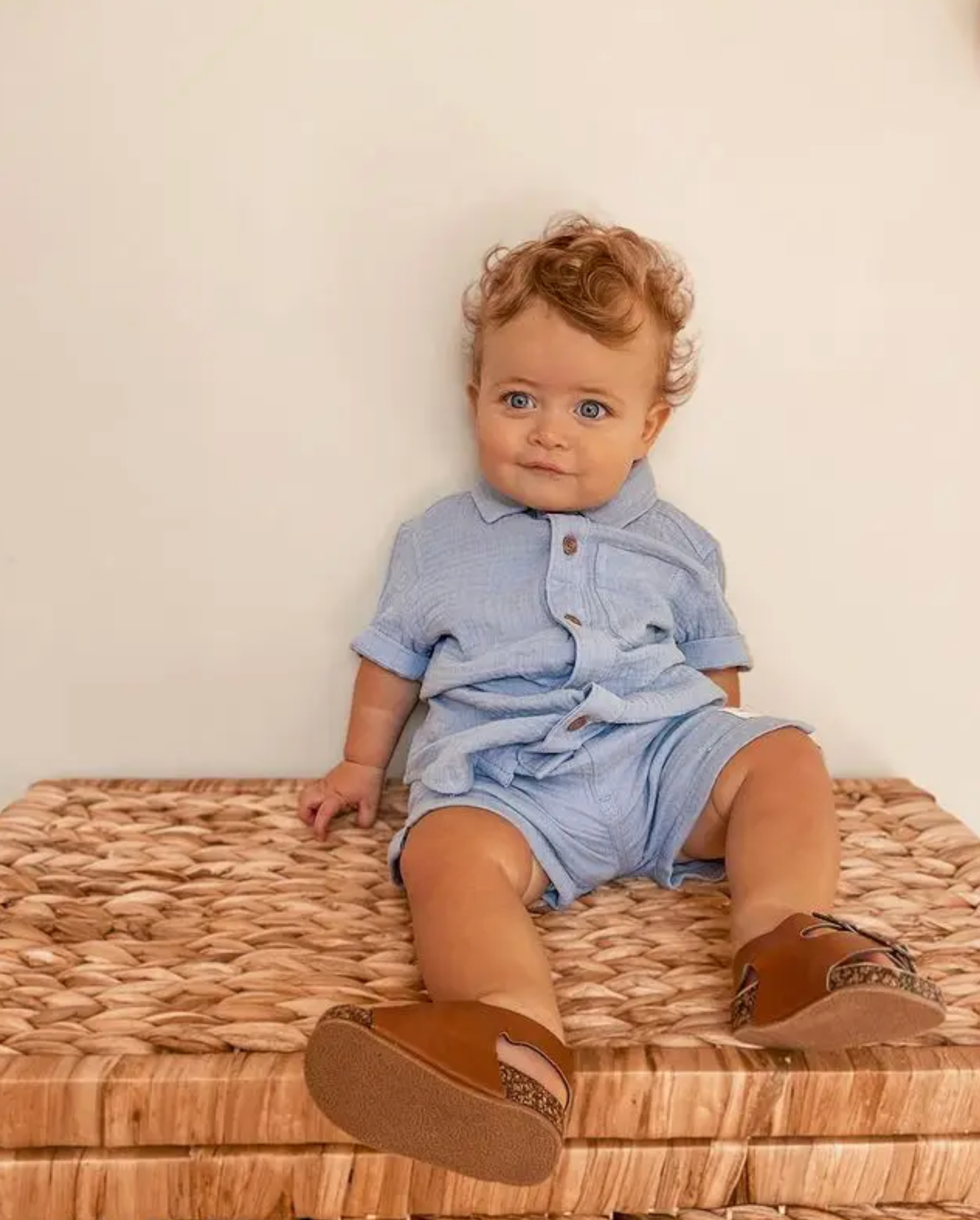 2Pcs Little Boys Outfit, Toddlers Summer Solid Color Lapel Short Sleeve Single-breasted Shirt Tops +Elastic Waist Shorts